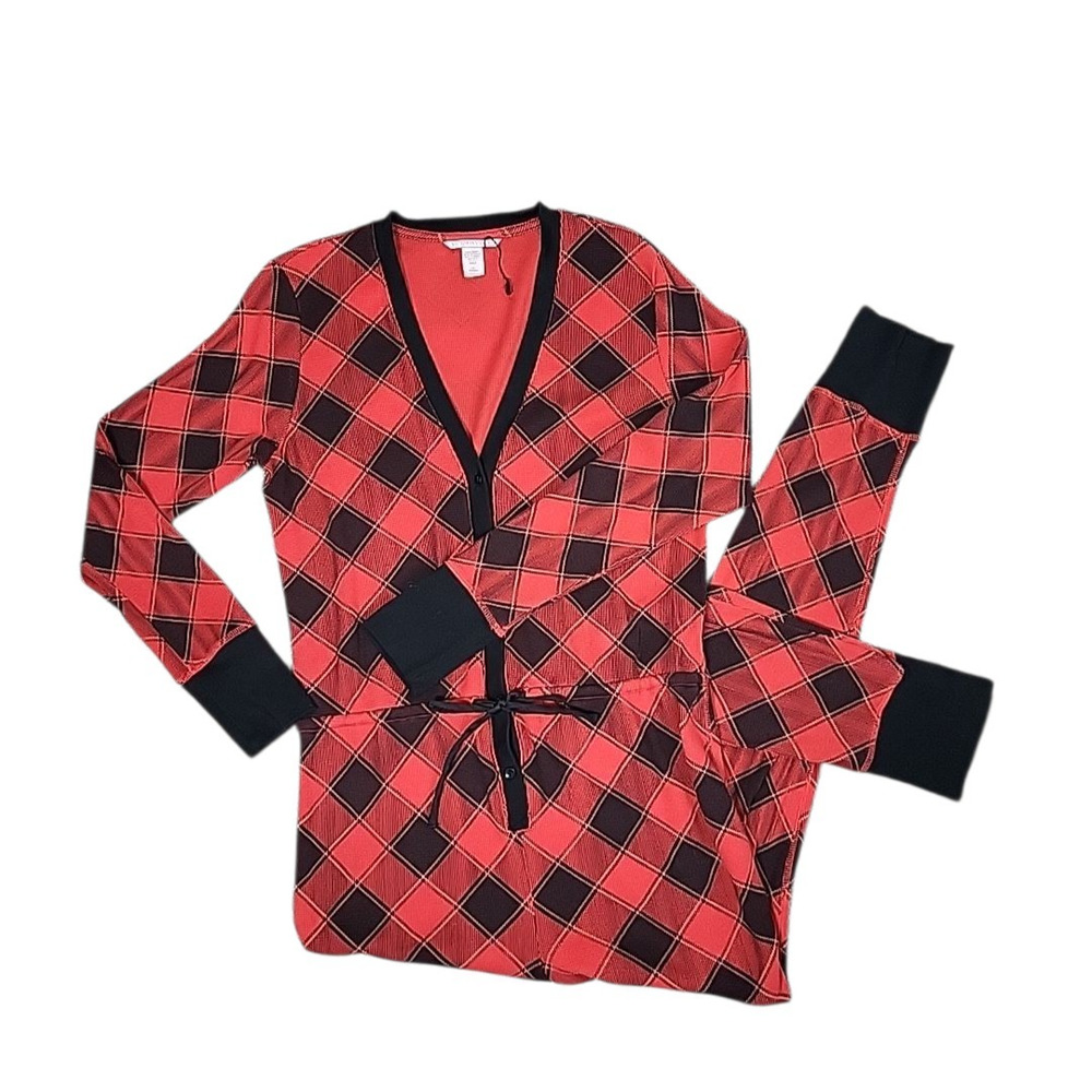 Victoria's Secret One Piece Pajamas Medium Red Buffalo Plaid Christmas Thermal‎